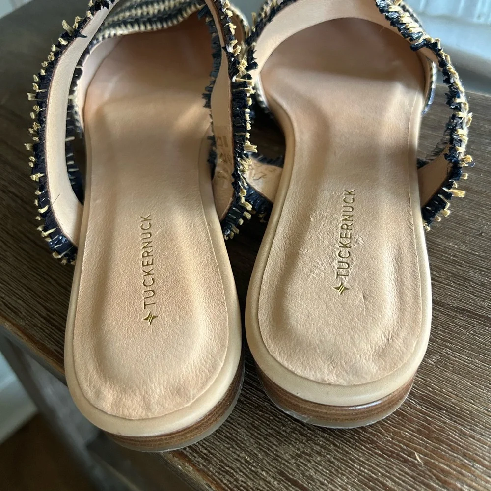 TUCKERNUCK SHOES Women Midnight Raffia Cara Mules Pointed Toe Striped Handmade